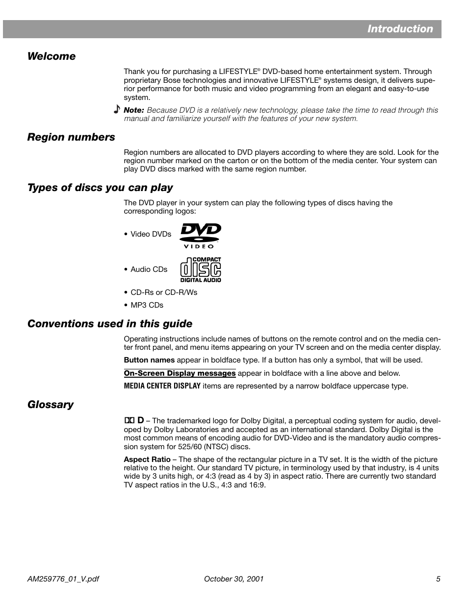 Introduction, Welcome, Region numbers | Types of discs you can play, Conventions used in this guide, Glossary, Introduction welcome | Bose Lifestyle DVD Home Entertainment Systems User Manual | Page 7 / 46