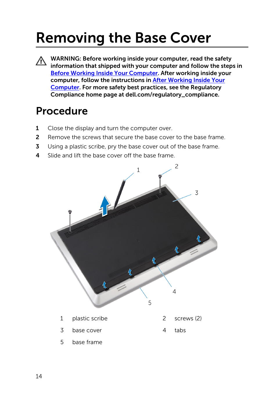 Removing the base cover, Procedure | Dell Inspiron 14 (5445, Mid 2014) User Manual | Page 14 / 100