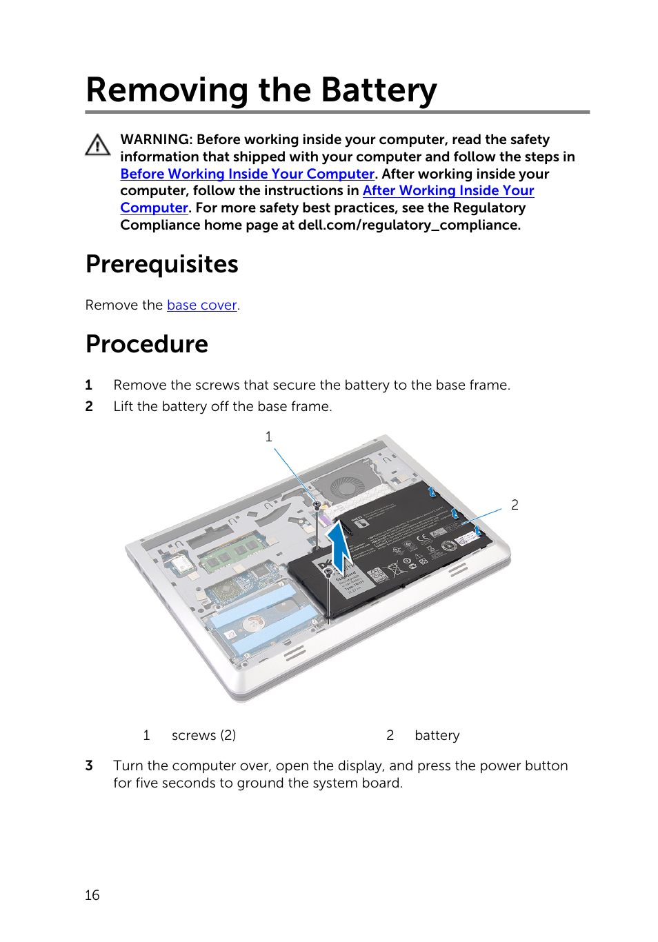 Removing the battery, Prerequisites, Procedure | Dell Inspiron 14 (5445, Mid 2014) User Manual | Page 16 / 100