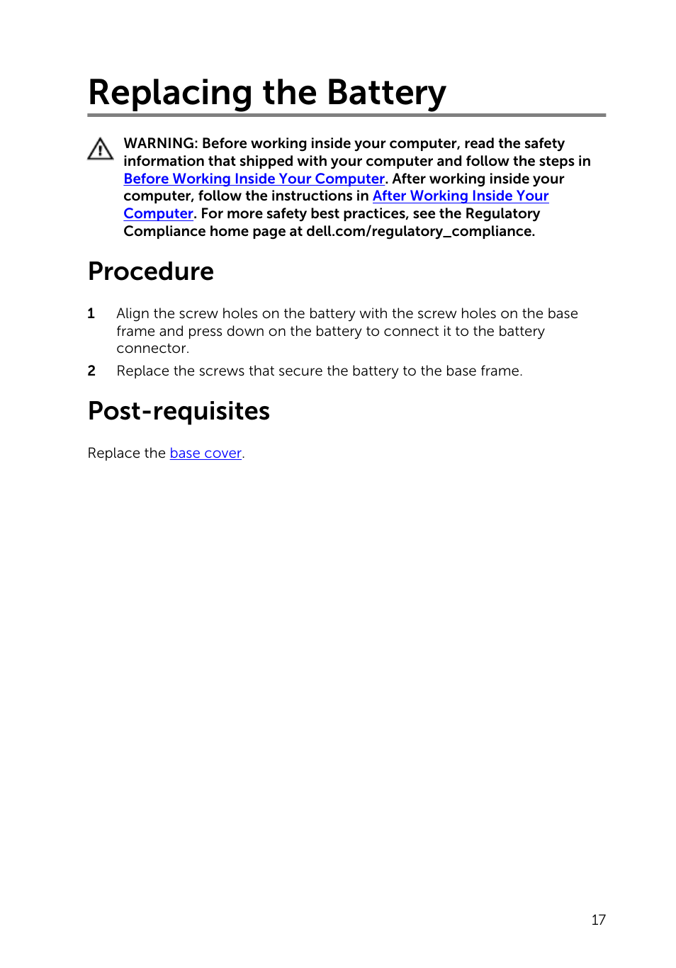 Replacing the battery, Procedure, Post-requisites | Dell Inspiron 14 (5445, Mid 2014) User Manual | Page 17 / 100