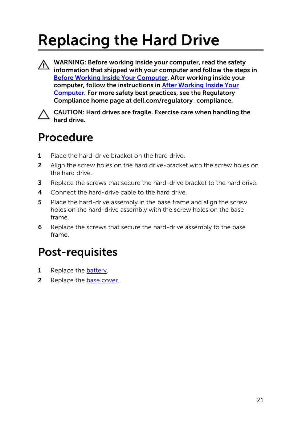 Replacing the hard drive, Procedure, Post-requisites | Dell Inspiron 14 (5445, Mid 2014) User Manual | Page 21 / 100