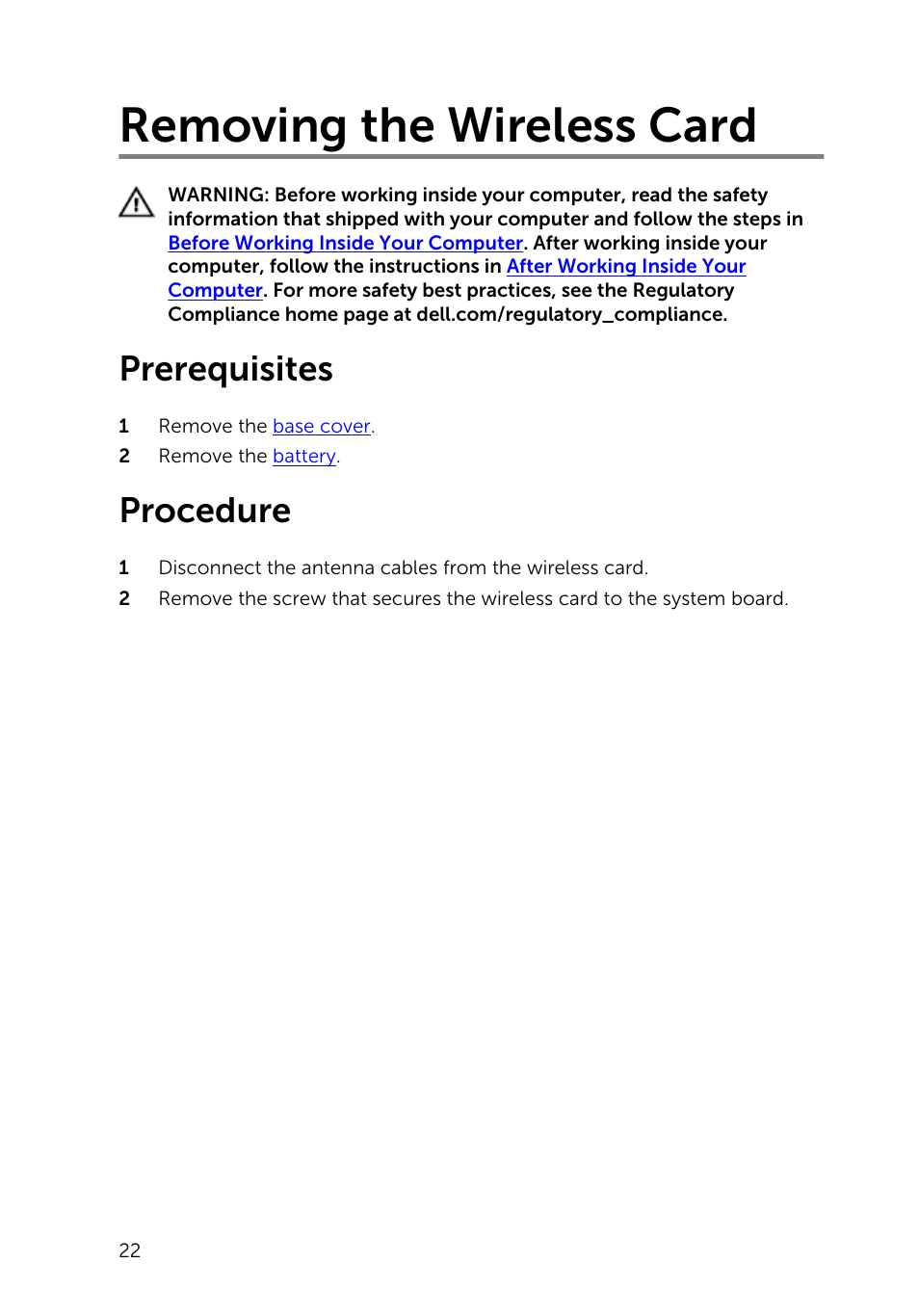 Removing the wireless card, Prerequisites, Procedure | Dell Inspiron 14 (5445, Mid 2014) User Manual | Page 22 / 100
