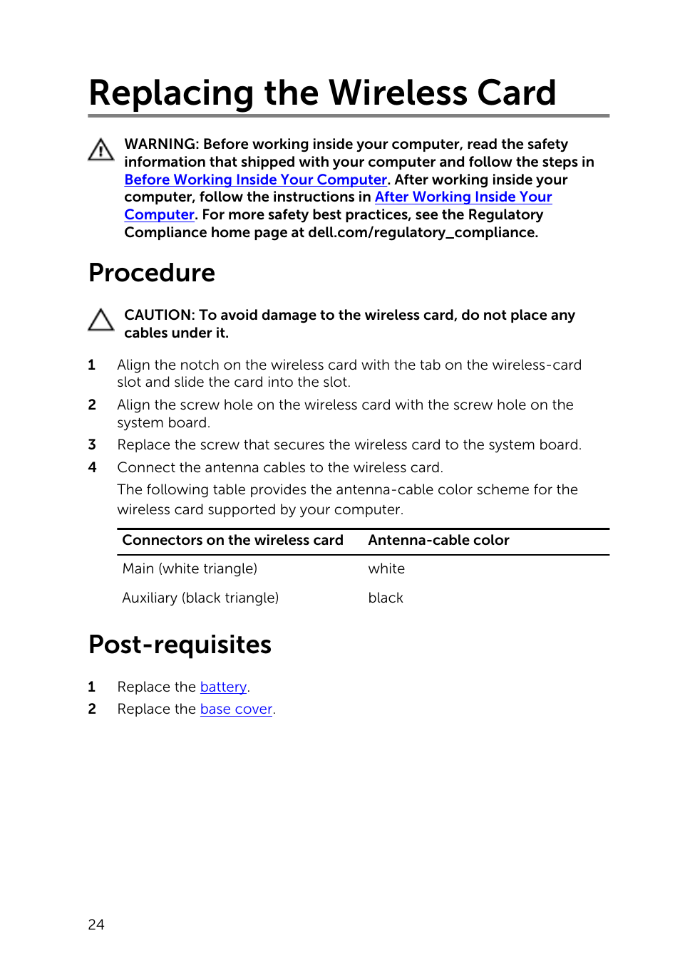 Replacing the wireless card, Procedure, Post-requisites | Dell Inspiron 14 (5445, Mid 2014) User Manual | Page 24 / 100