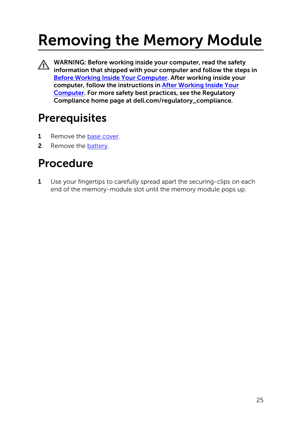 Removing the memory module, Prerequisites, Procedure | Dell Inspiron 14 (5445, Mid 2014) User Manual | Page 25 / 100