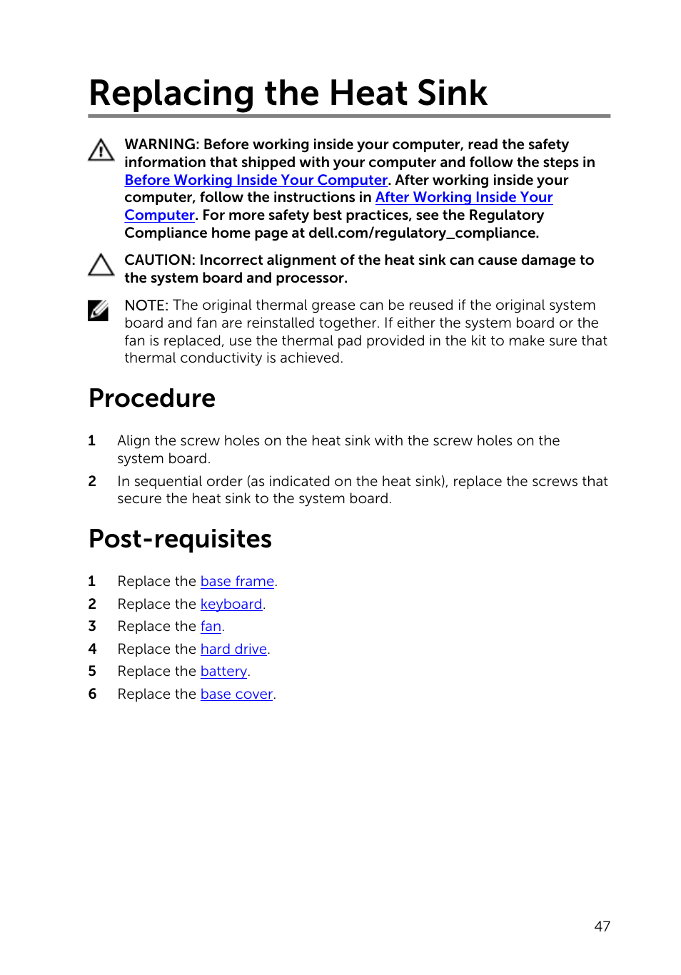 Replacing the heat sink, Procedure, Post-requisites | Dell Inspiron 14 (5445, Mid 2014) User Manual | Page 47 / 100