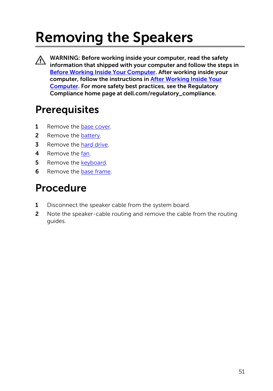 Removing the speakers, Prerequisites, Procedure | Dell Inspiron 14 (5445, Mid 2014) User Manual | Page 51 / 100