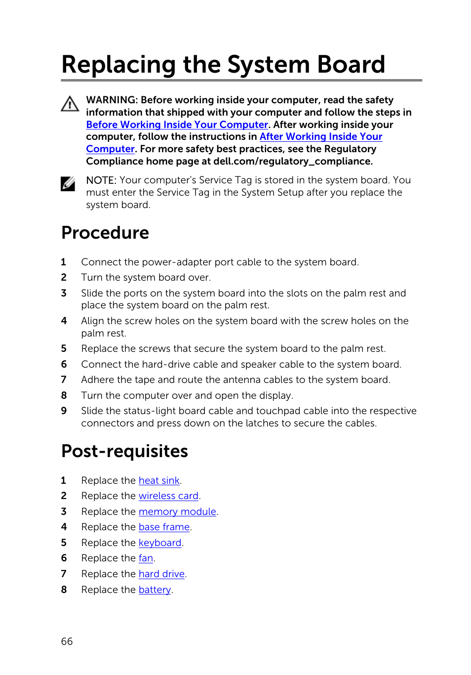 Replacing the system board, Procedure, Post-requisites | Dell Inspiron 14 (5445, Mid 2014) User Manual | Page 66 / 100