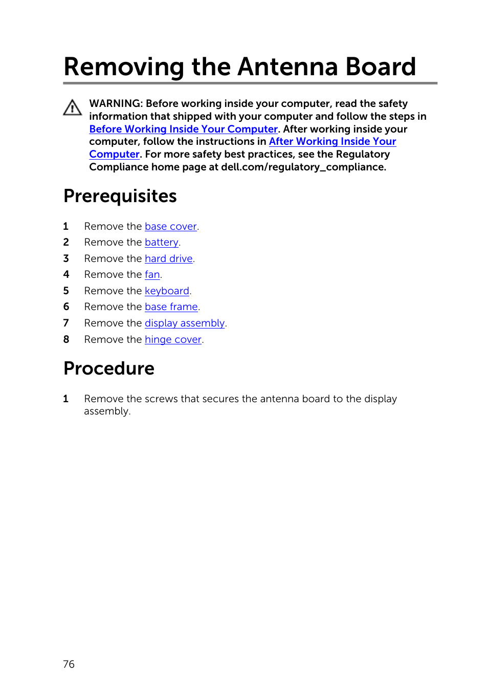 Removing the antenna board, Prerequisites, Procedure | Dell Inspiron 14 (5445, Mid 2014) User Manual | Page 76 / 100