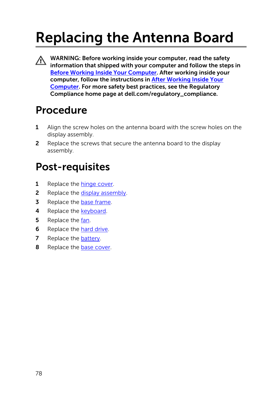 Replacing the antenna board, Procedure, Post-requisites | Dell Inspiron 14 (5445, Mid 2014) User Manual | Page 78 / 100