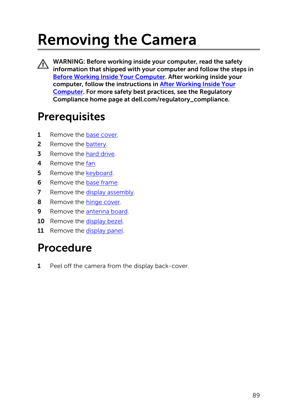 Removing the camera, Prerequisites, Procedure | Dell Inspiron 14 (5445, Mid 2014) User Manual | Page 89 / 100