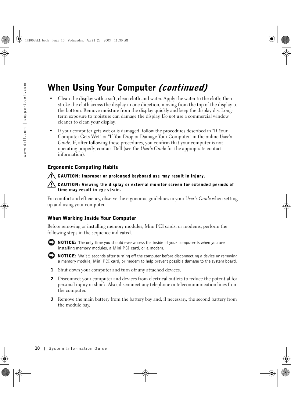 Ergonomic computing habits, When working inside your computer, When using your computer (continued) | Dell Latitude C840 User Manual | Page 12 / 122