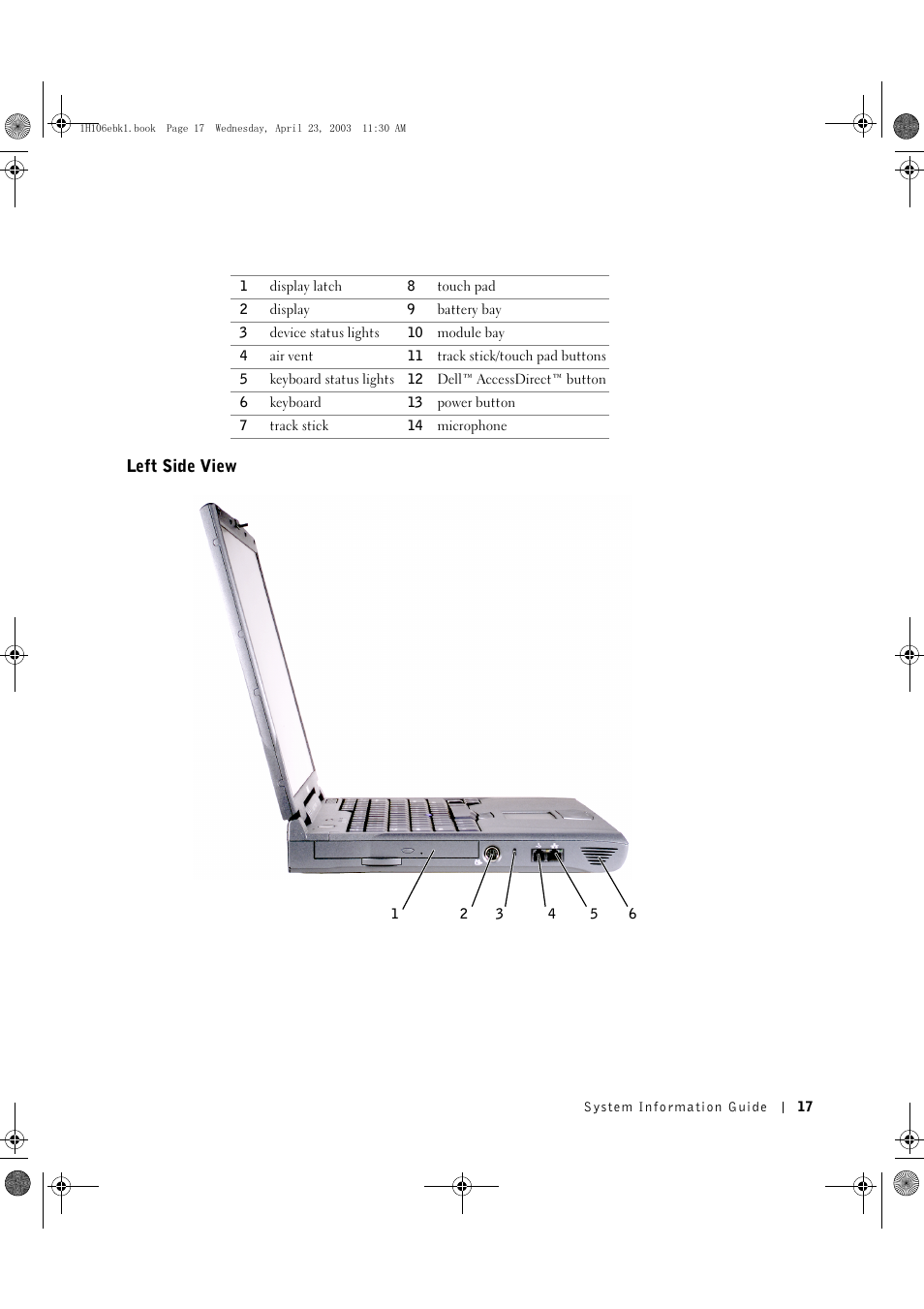 Left side view | Dell Latitude C840 User Manual | Page 19 / 122