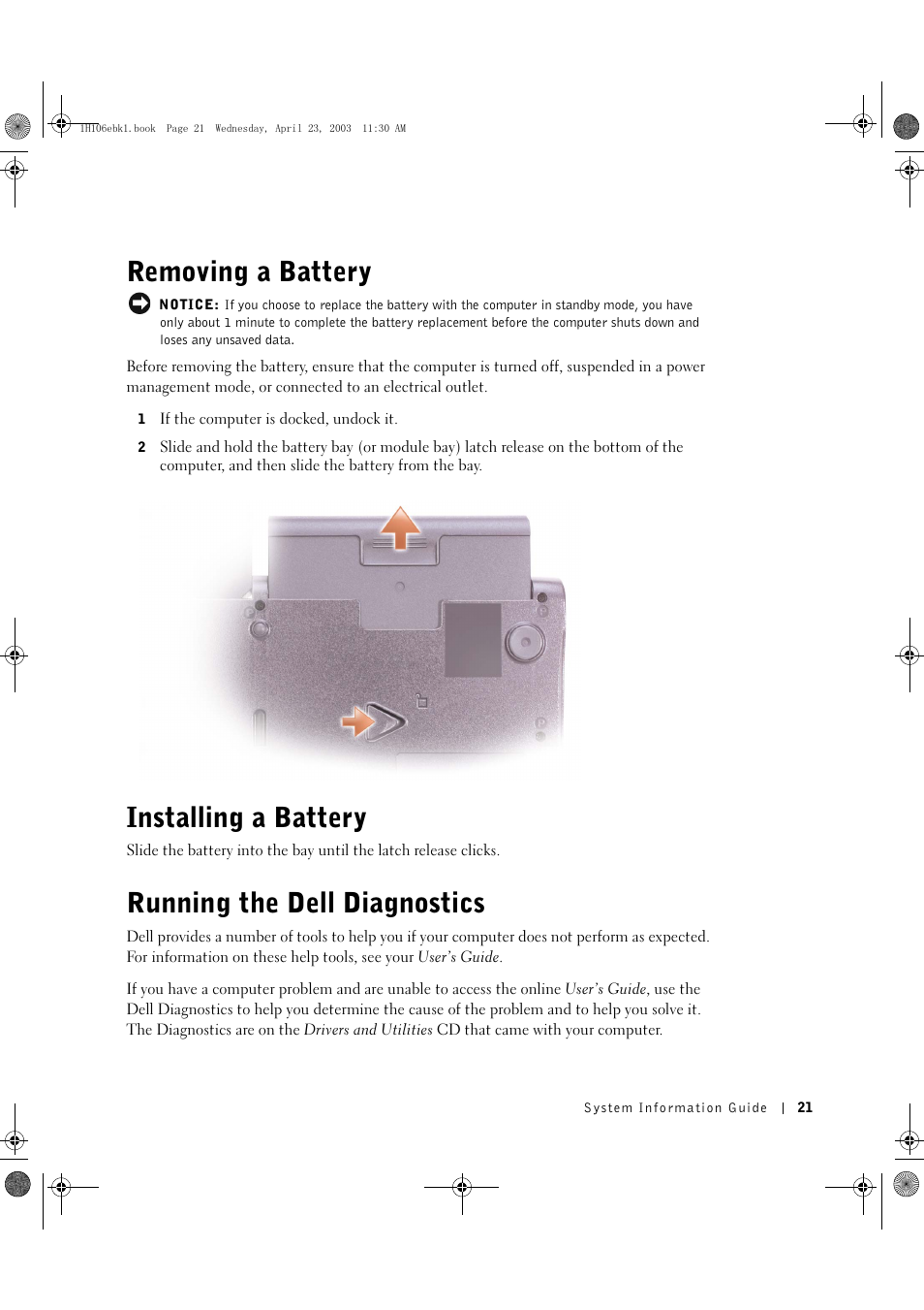 Removing a battery, Installing a battery, Running the dell diagnostics | Dell Latitude C840 User Manual | Page 23 / 122