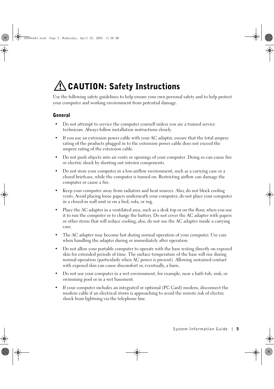 Caution: safety instructions, General | Dell Latitude C840 User Manual | Page 7 / 122