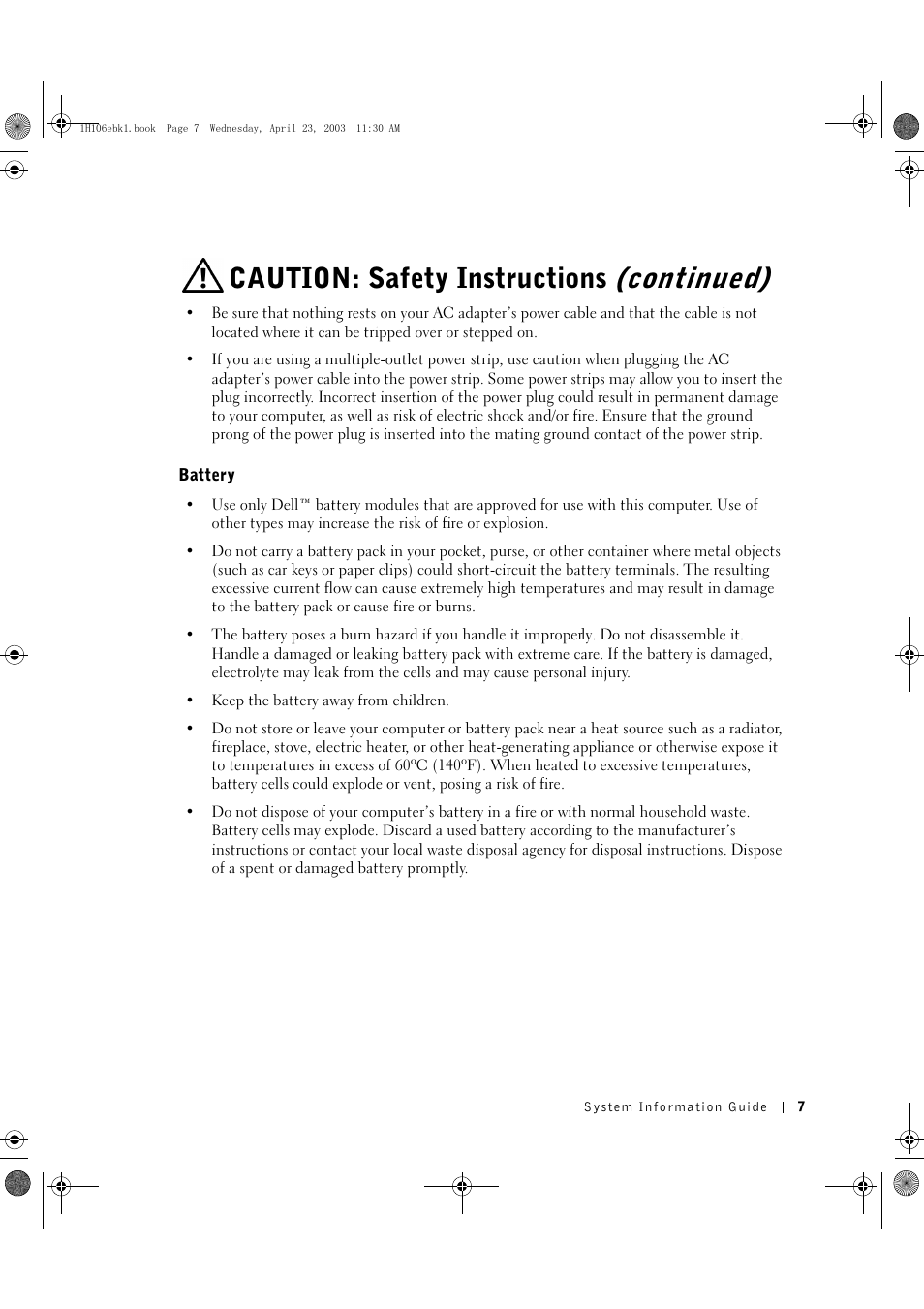 Battery, Caution: safety instructions (continued) | Dell Latitude C840 User Manual | Page 9 / 122