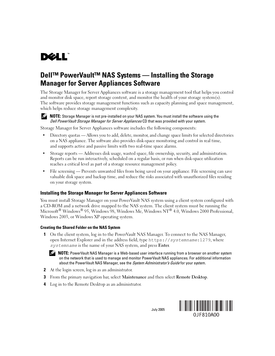 Dell PowerVault 775N (Rackmount NAS Appliance) User Manual | 4 pages