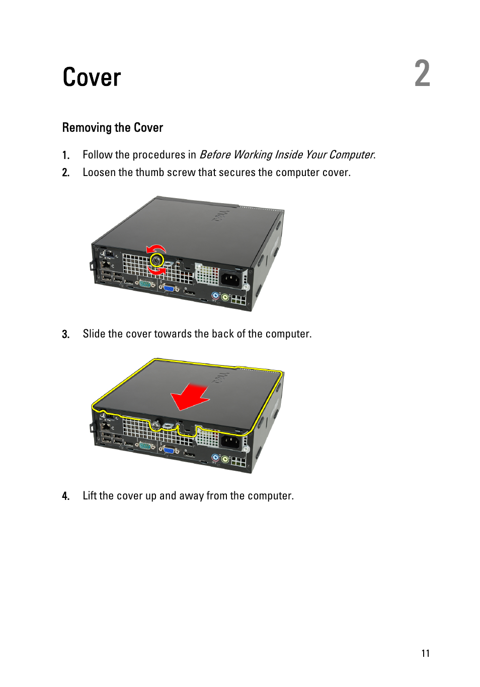 Cover, Removing the cover, 2 cover | Dell OptiPlex 990 (Early 2011) User Manual | Page 11 / 94