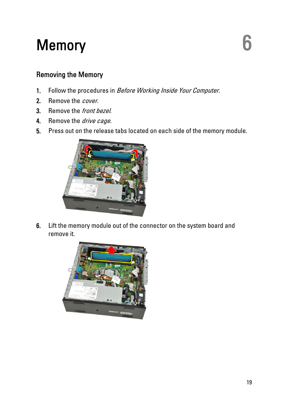 Memory, Removing the memory, 6 memory | Dell OptiPlex 990 (Early 2011) User Manual | Page 19 / 94