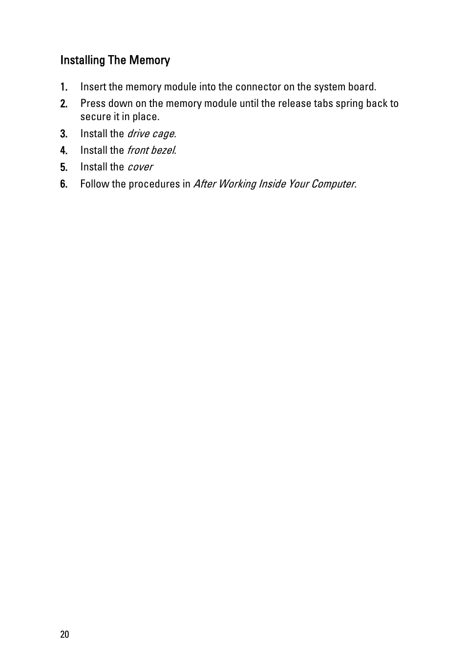 Installing the memory | Dell OptiPlex 990 (Early 2011) User Manual | Page 20 / 94