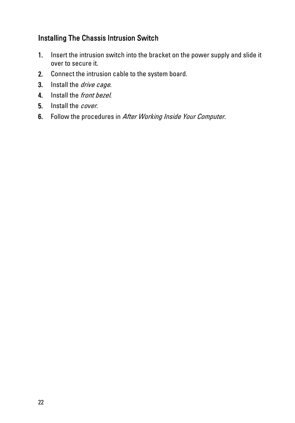Installing the chassis intrusion switch | Dell OptiPlex 990 (Early 2011) User Manual | Page 22 / 94