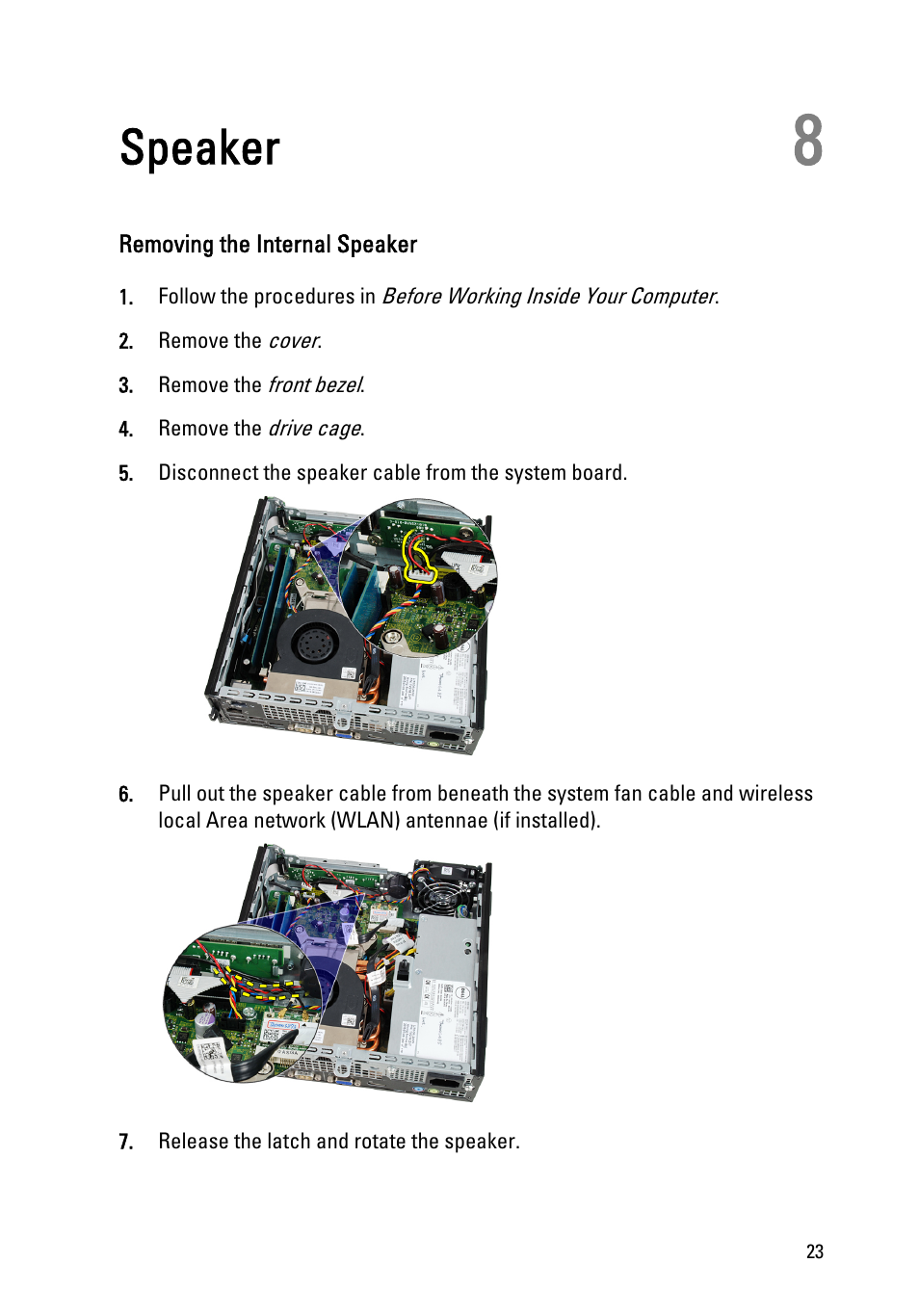 Speaker, Removing the internal speaker, 8 speaker | Dell OptiPlex 990 (Early 2011) User Manual | Page 23 / 94