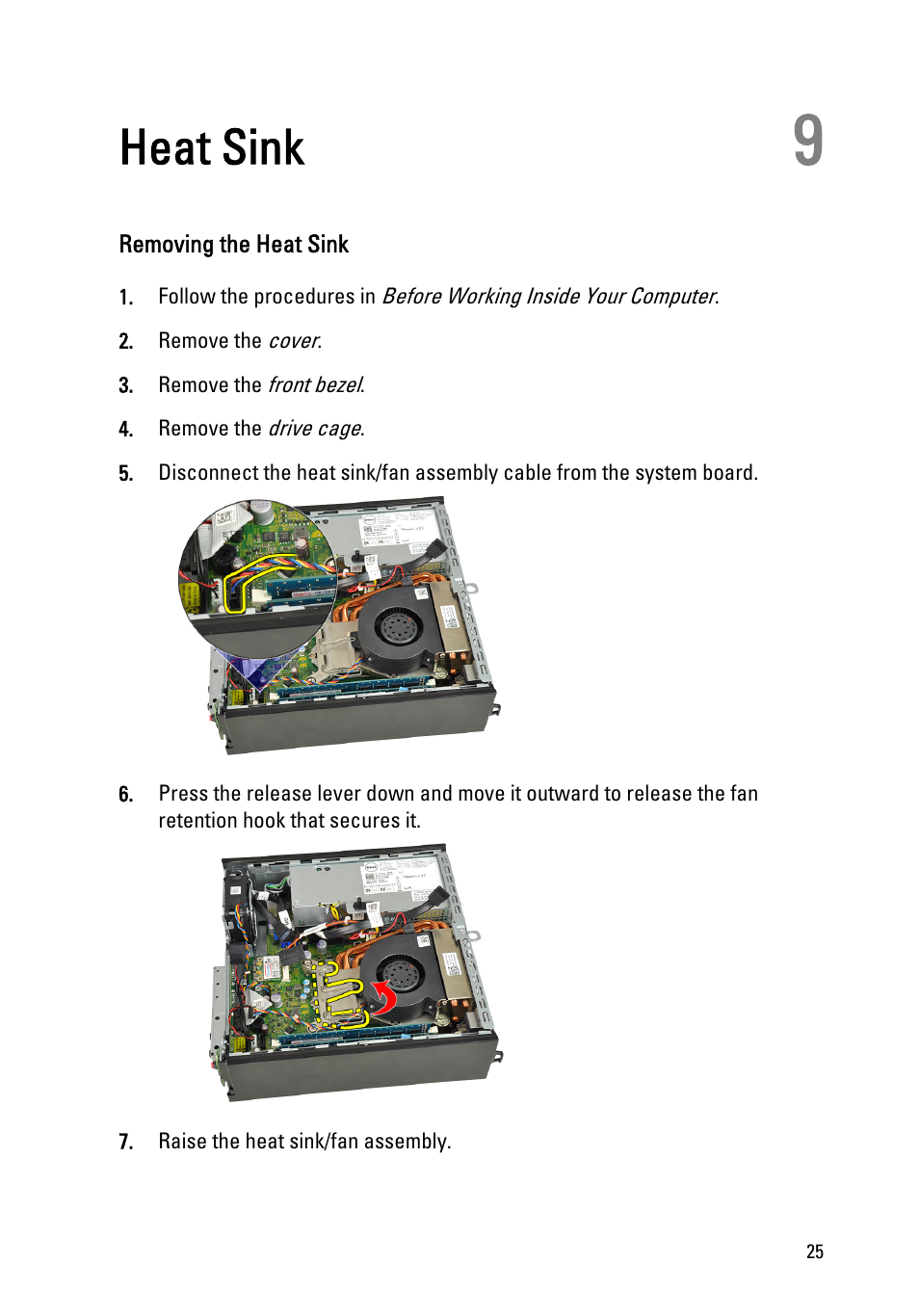 Heat sink, Removing the heat sink, 9 heat sink | Dell OptiPlex 990 (Early 2011) User Manual | Page 25 / 94