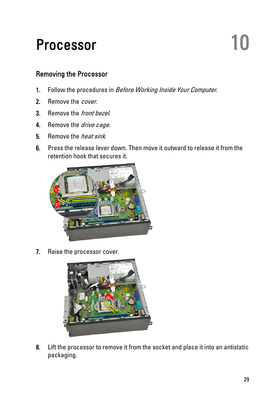 Processor, Removing the processor, 10 processor | Dell OptiPlex 990 (Early 2011) User Manual | Page 29 / 94