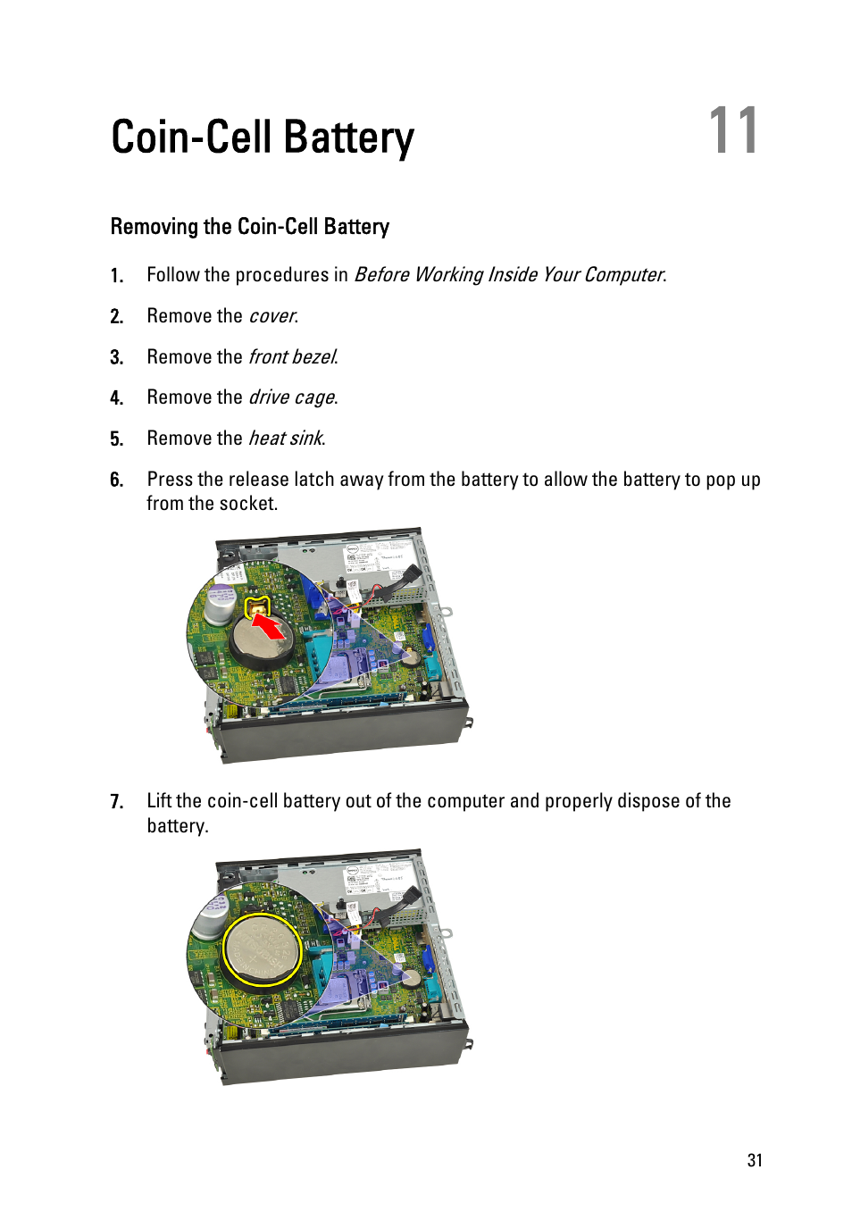 Coin-cell battery, Removing the coin-cell battery, 11 coin-cell battery | Dell OptiPlex 990 (Early 2011) User Manual | Page 31 / 94