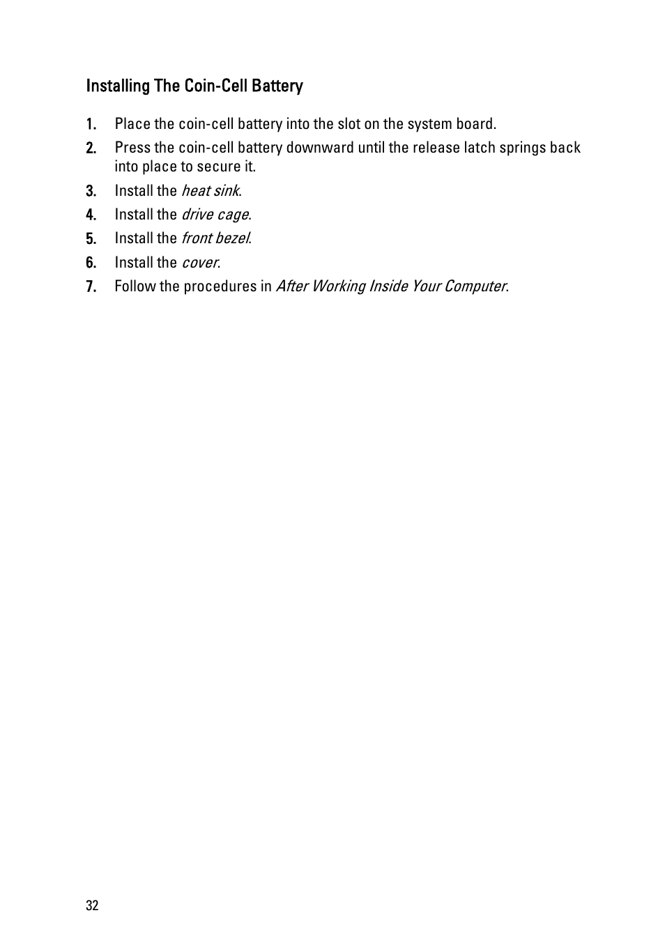 Installing the coin-cell battery | Dell OptiPlex 990 (Early 2011) User Manual | Page 32 / 94