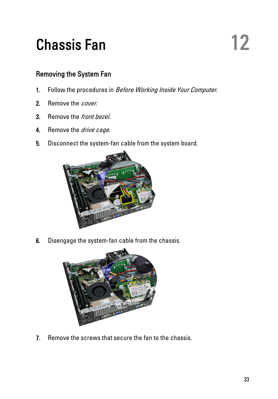 Chassis fan, Removing the system fan, 12 chassis fan | Dell OptiPlex 990 (Early 2011) User Manual | Page 33 / 94