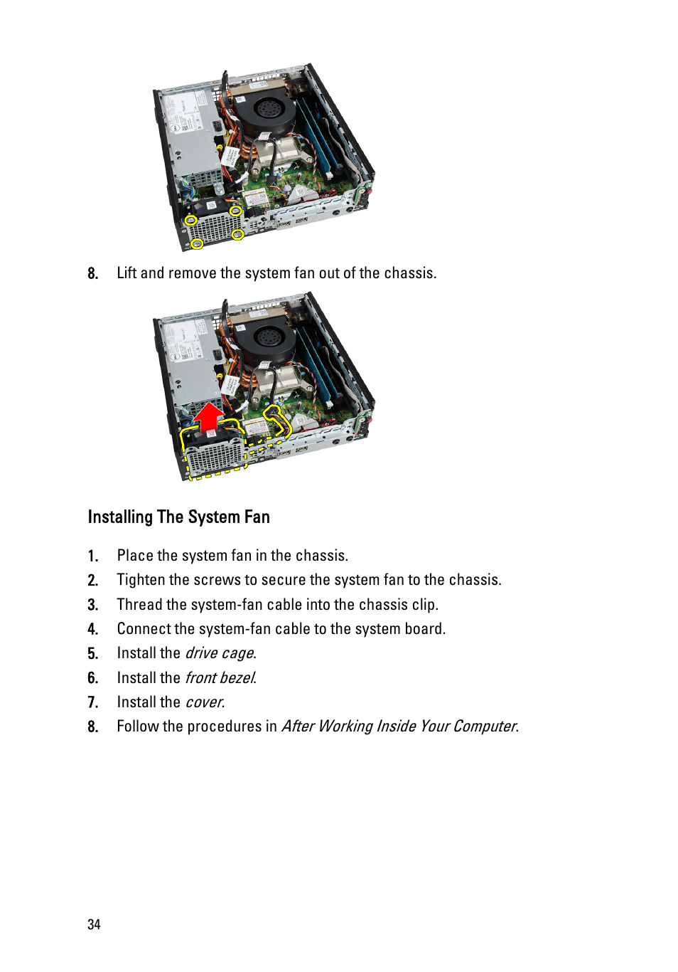 Installing the system fan | Dell OptiPlex 990 (Early 2011) User Manual | Page 34 / 94