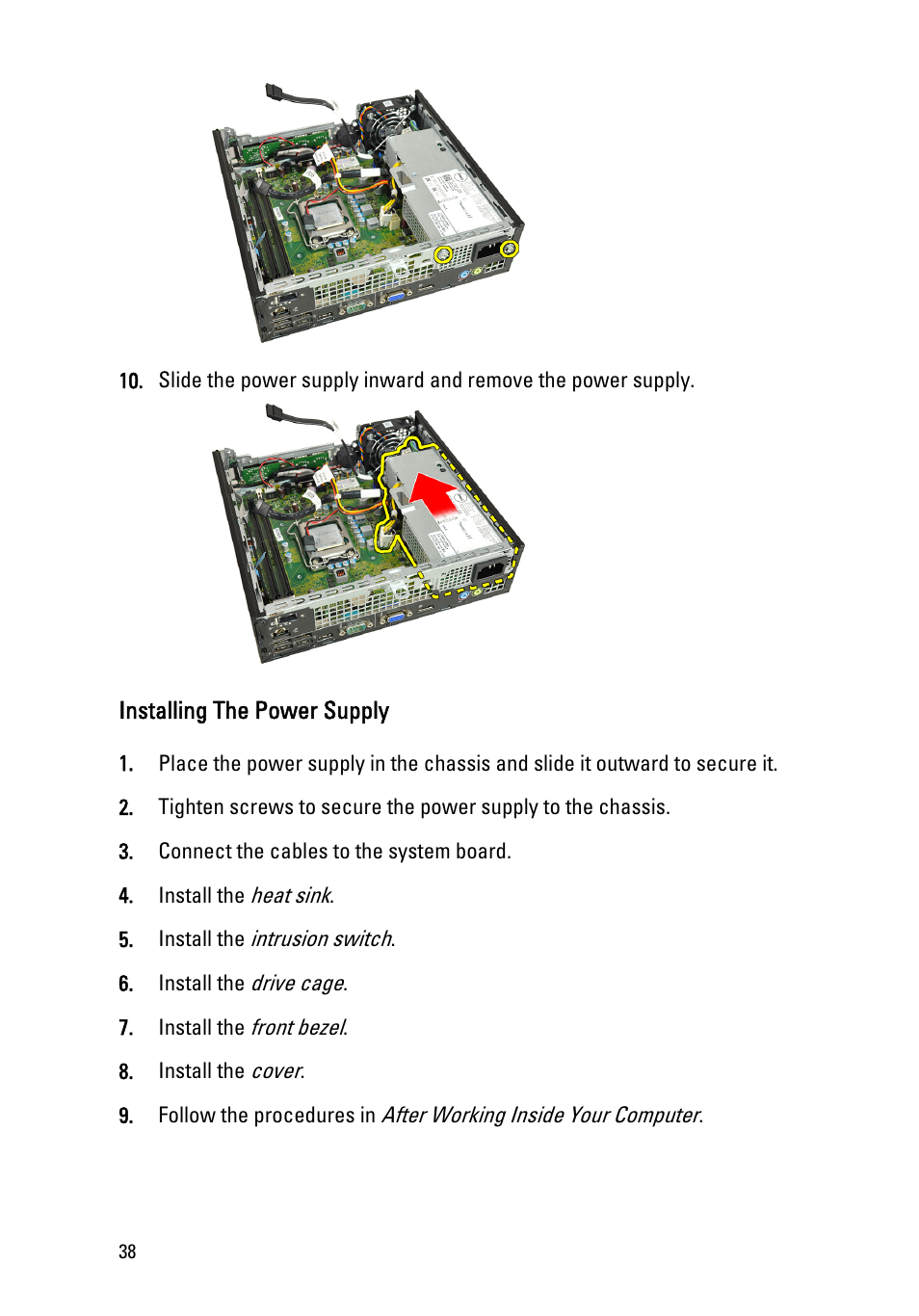 Installing the power supply | Dell OptiPlex 990 (Early 2011) User Manual | Page 38 / 94