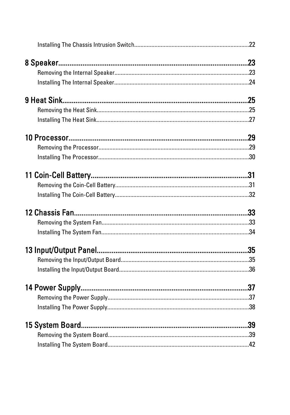 8 speaker, 9 heat sink, 10 processor | 11 coin-cell battery, 12 chassis fan, 13 input/output panel, 14 power supply, 15 system board | Dell OptiPlex 990 (Early 2011) User Manual | Page 4 / 94