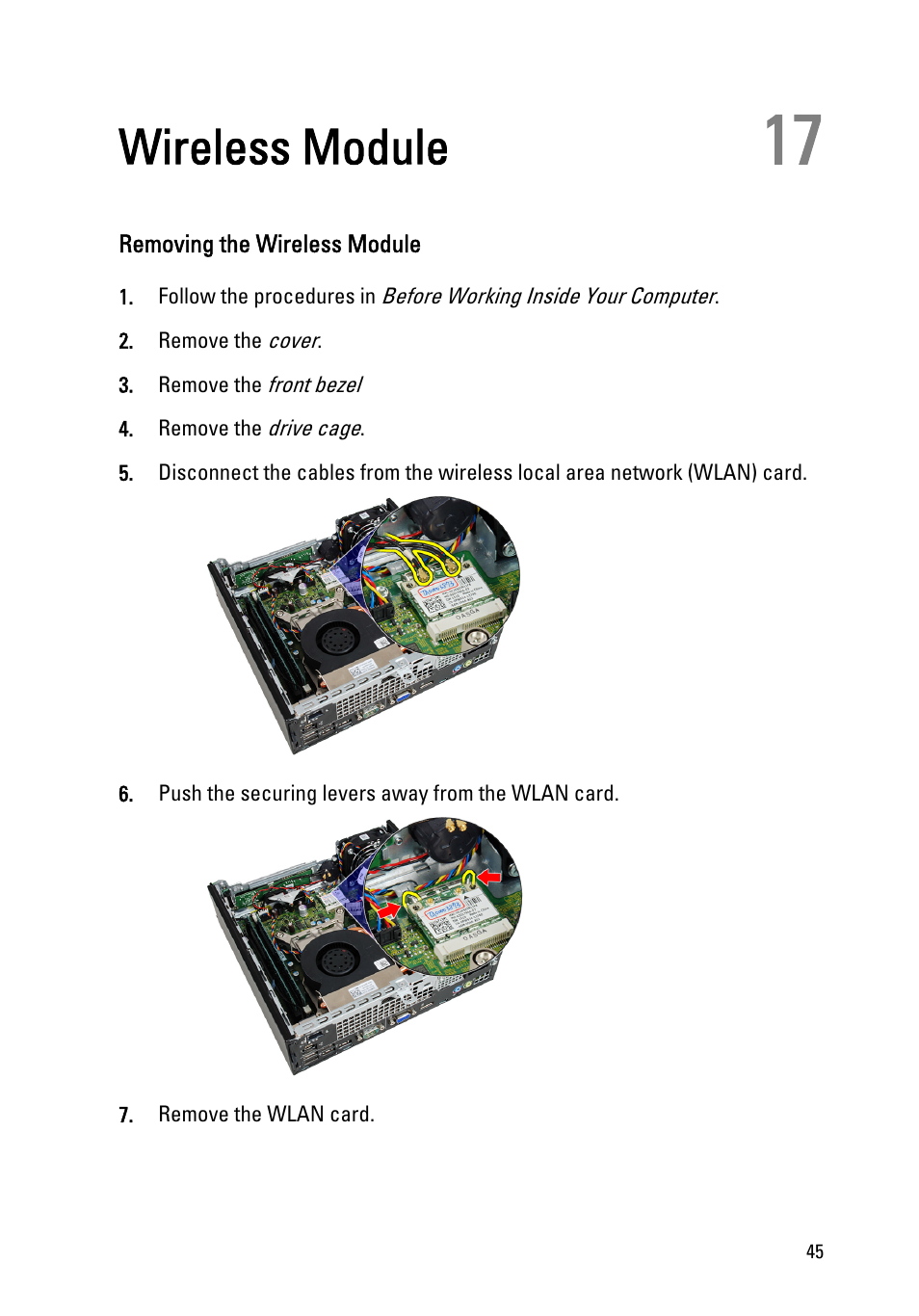 Wireless module, Removing the wireless module, 17 wireless module | Remove the | Dell OptiPlex 990 (Early 2011) User Manual | Page 45 / 94