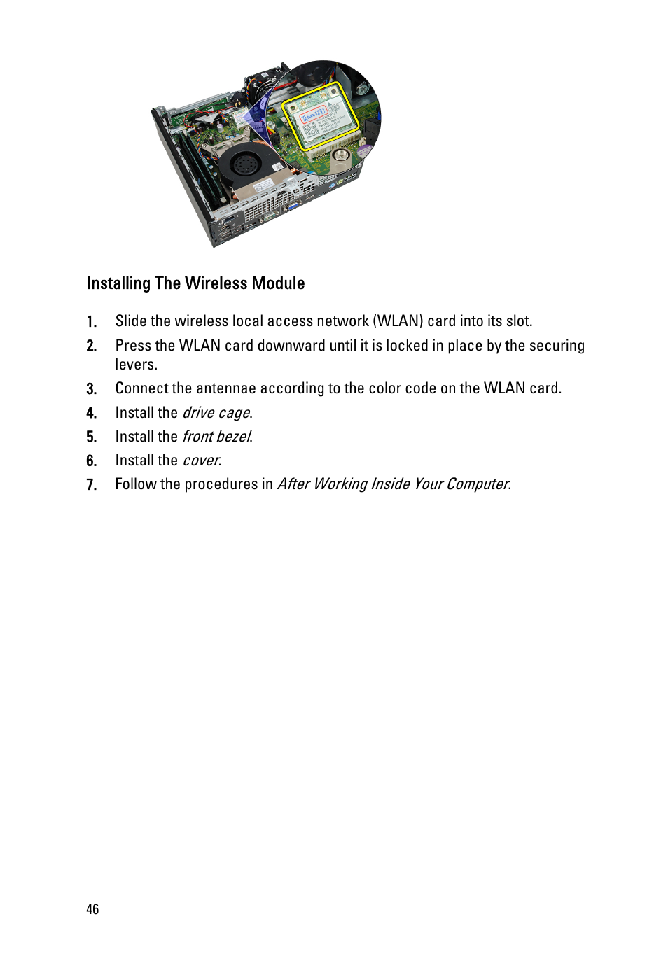 Installing the wireless module, Install the, Wireless module | Dell OptiPlex 990 (Early 2011) User Manual | Page 46 / 94