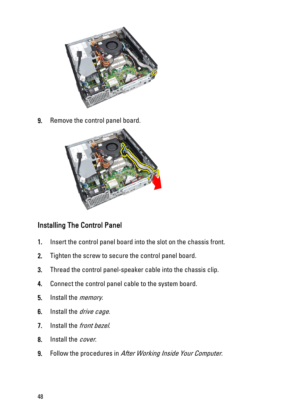Installing the control panel | Dell OptiPlex 990 (Early 2011) User Manual | Page 48 / 94