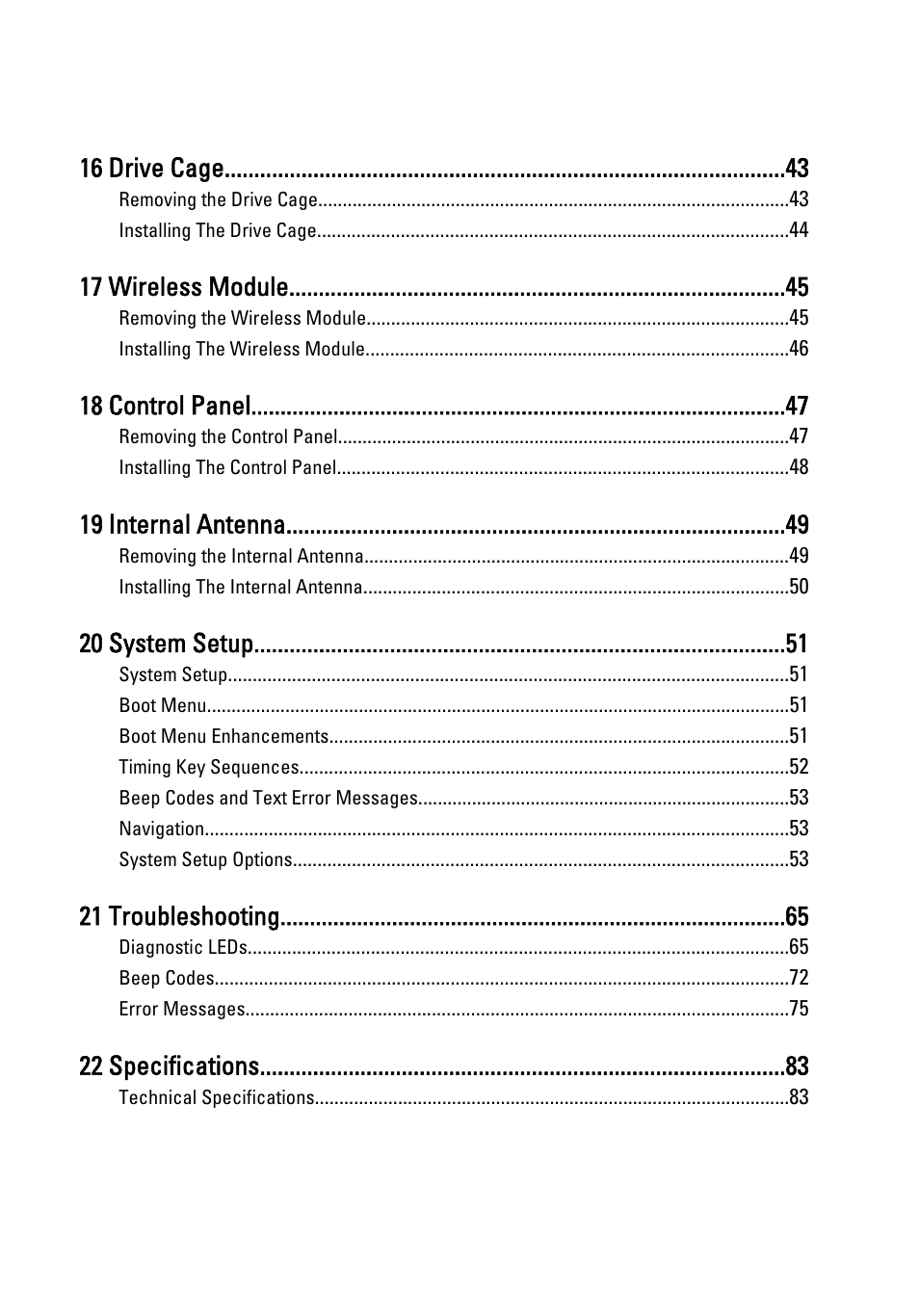 16 drive cage, 17 wireless module, 18 control panel | 19 internal antenna, 20 system setup, 21 troubleshooting, 22 specifications | Dell OptiPlex 990 (Early 2011) User Manual | Page 5 / 94