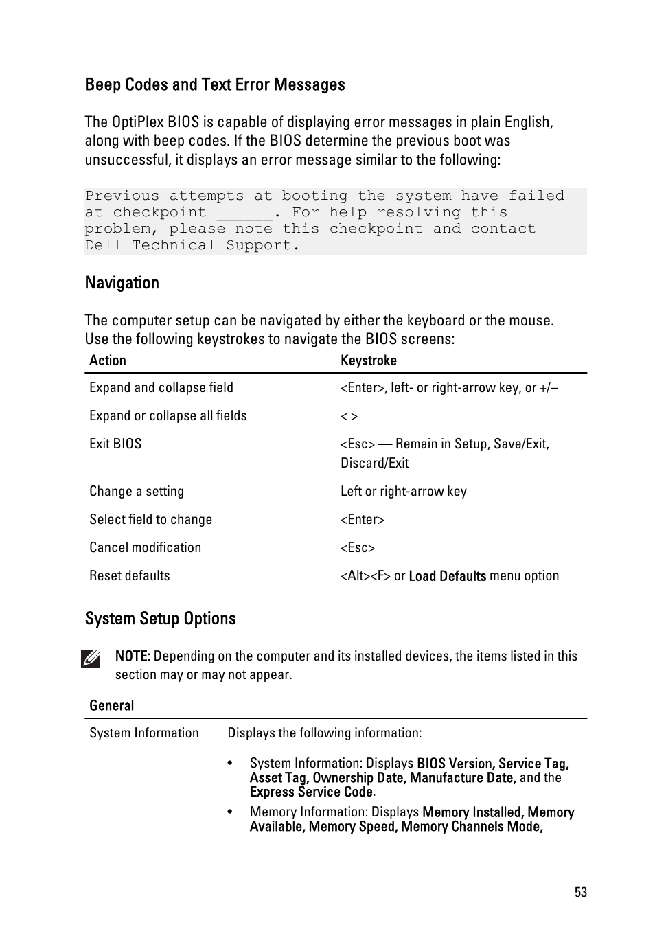 Beep codes and text error messages, Navigation, System setup options | Dell OptiPlex 990 (Early 2011) User Manual | Page 53 / 94