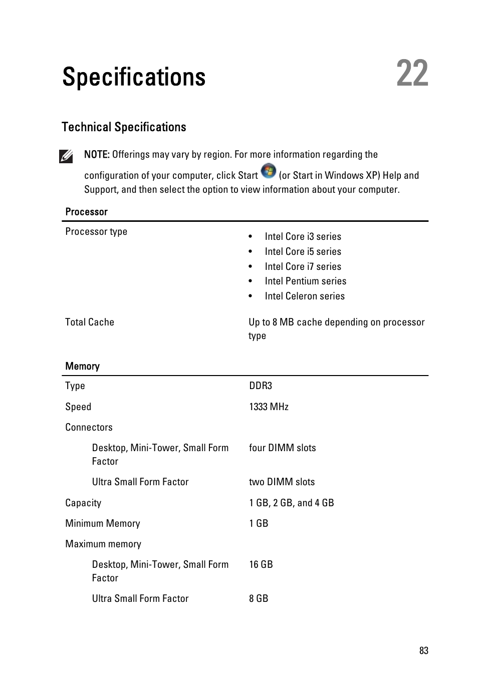 Specifications, Technical specifications, 22 specifications | Dell OptiPlex 990 (Early 2011) User Manual | Page 83 / 94