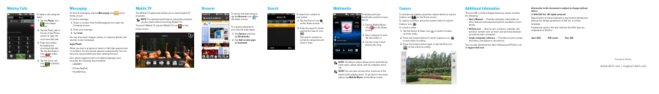 Multimedia, Search, Browser | Mobile tv, Making calls, Messaging, Camera, Additional information | Dell Mobile Beacon User Manual | Page 2 / 2