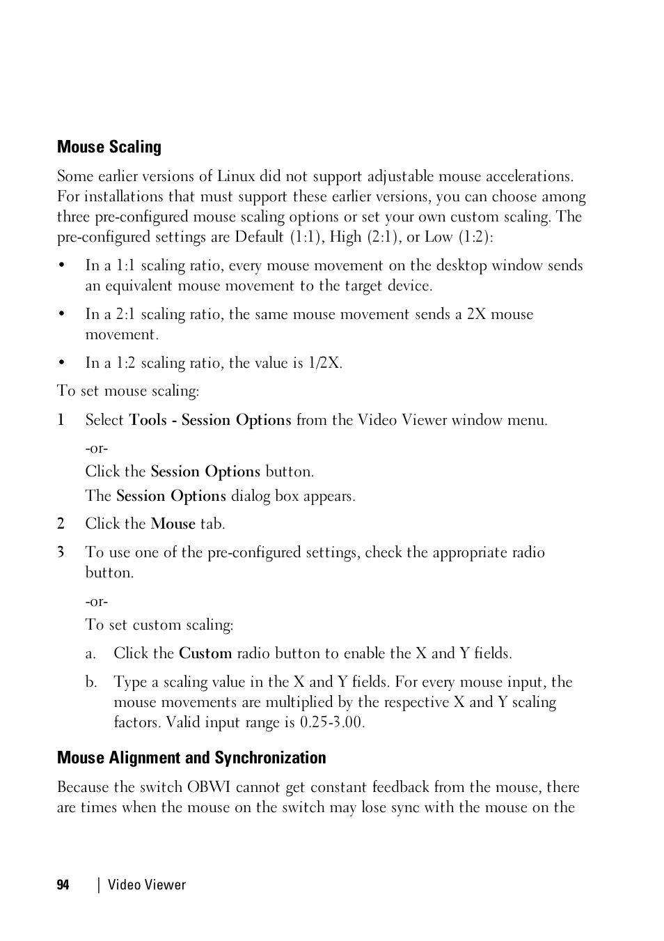 Mouse scaling, Mouse alignment and synchronization | Dell KVM 1081AD/ KVM 2161AD User Manual | Page 102 / 140