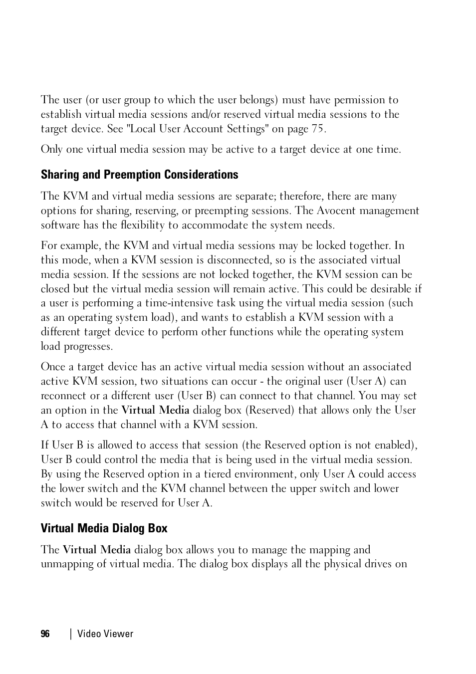 Sharing and preemption considerations, Virtual media dialog box | Dell KVM 1081AD/ KVM 2161AD User Manual | Page 104 / 140
