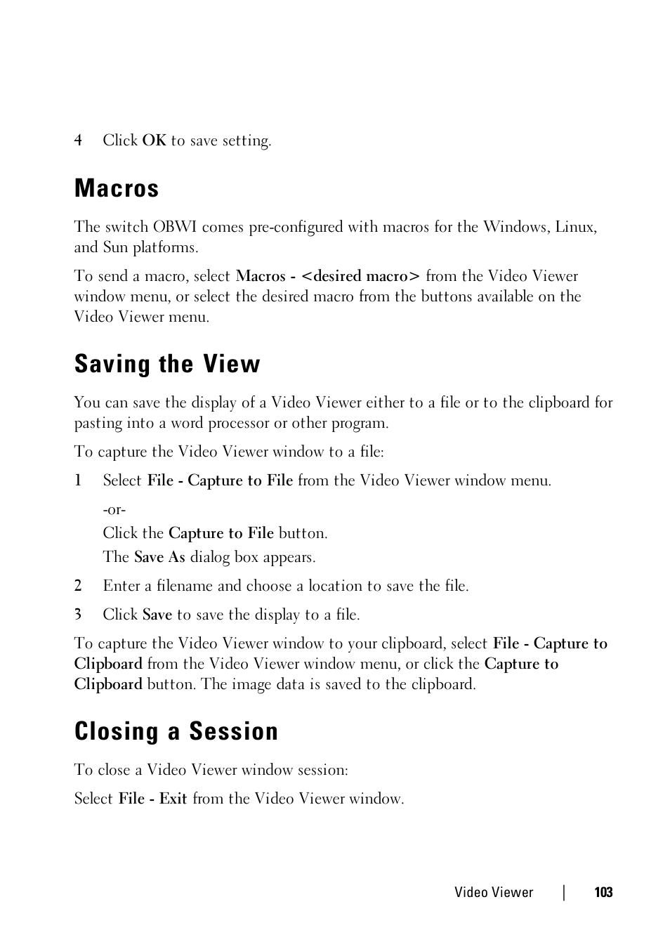 Macros, Saving the view, Closing a session | Dell KVM 1081AD/ KVM 2161AD User Manual | Page 111 / 140