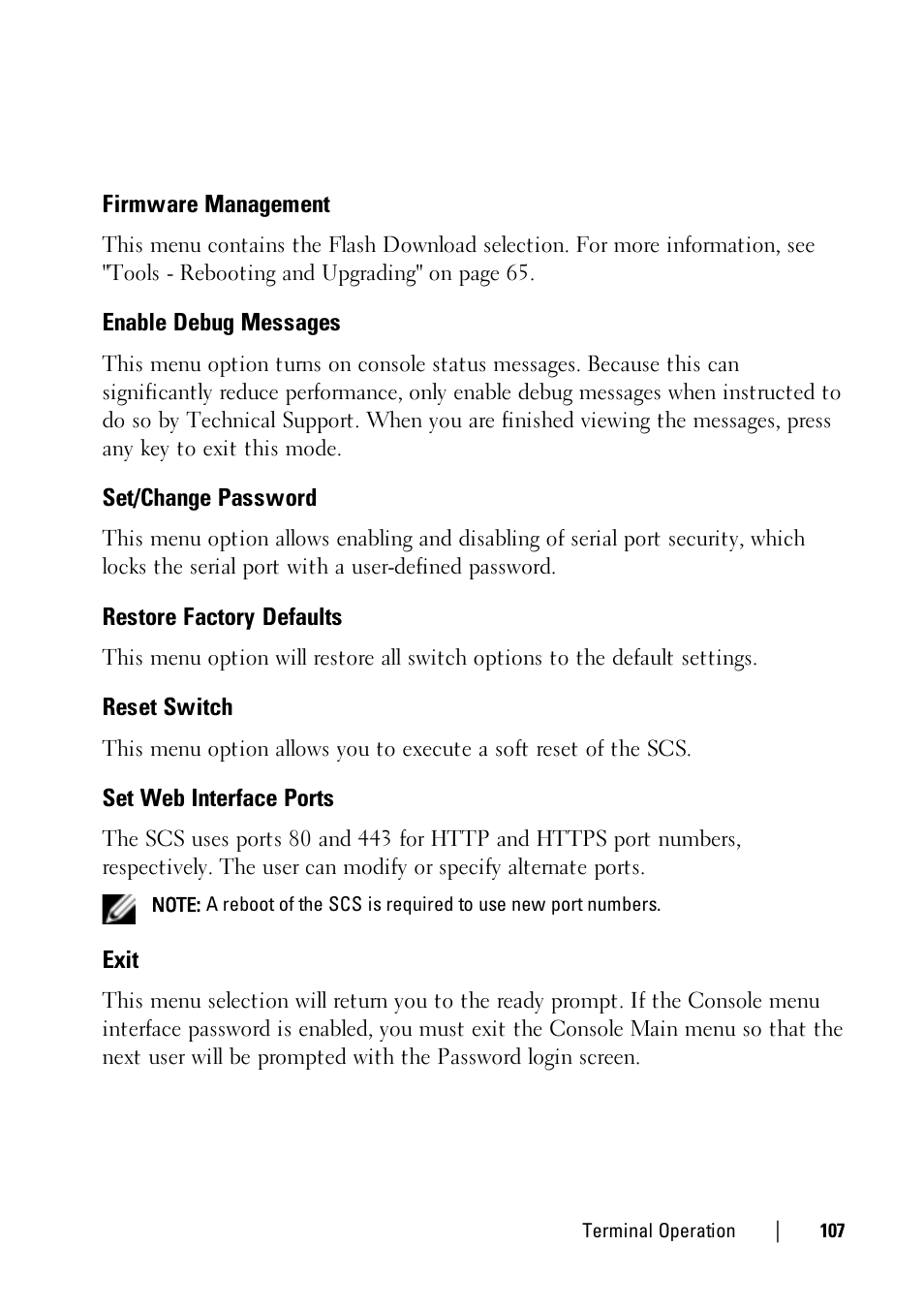 Firmware management, Enable debug messages, Set/change password | Restore factory defaults, Reset switch, Set web interface ports, Exit | Dell KVM 1081AD/ KVM 2161AD User Manual | Page 115 / 140