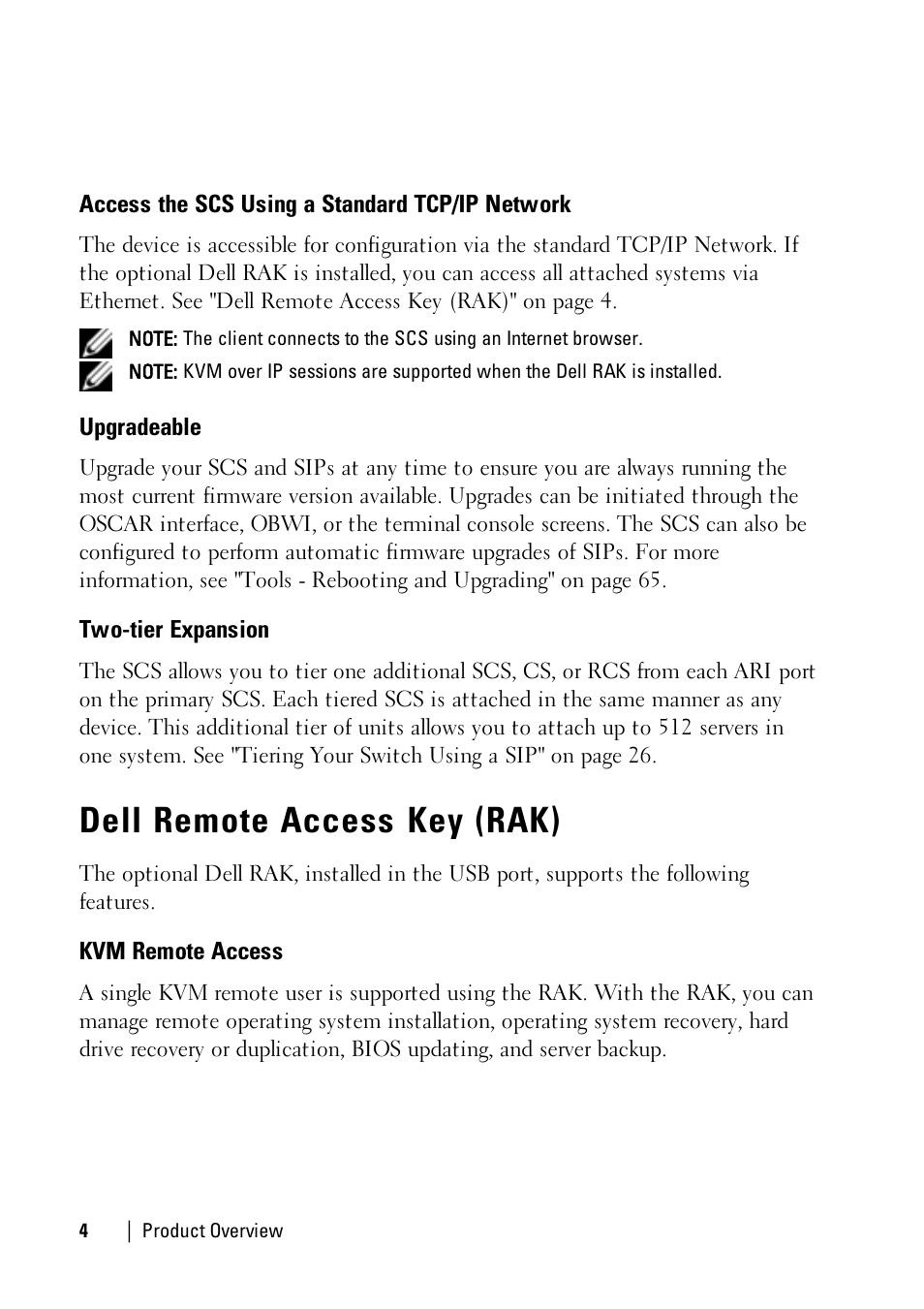 Access the scs using a standard tcp/ip network, Upgradeable, Two-tier expansion | Dell remote access key (rak), Kvm remote access, Dell | Dell KVM 1081AD/ KVM 2161AD User Manual | Page 12 / 140