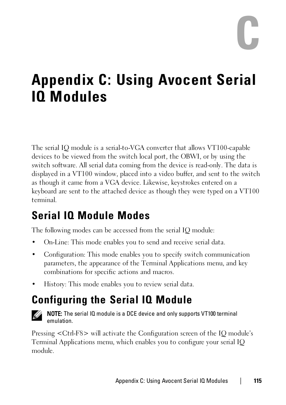 Appendix c: using avocent serial iq modules, Serial iq module modes, Configuring the serial iq module | Dell KVM 1081AD/ KVM 2161AD User Manual | Page 123 / 140