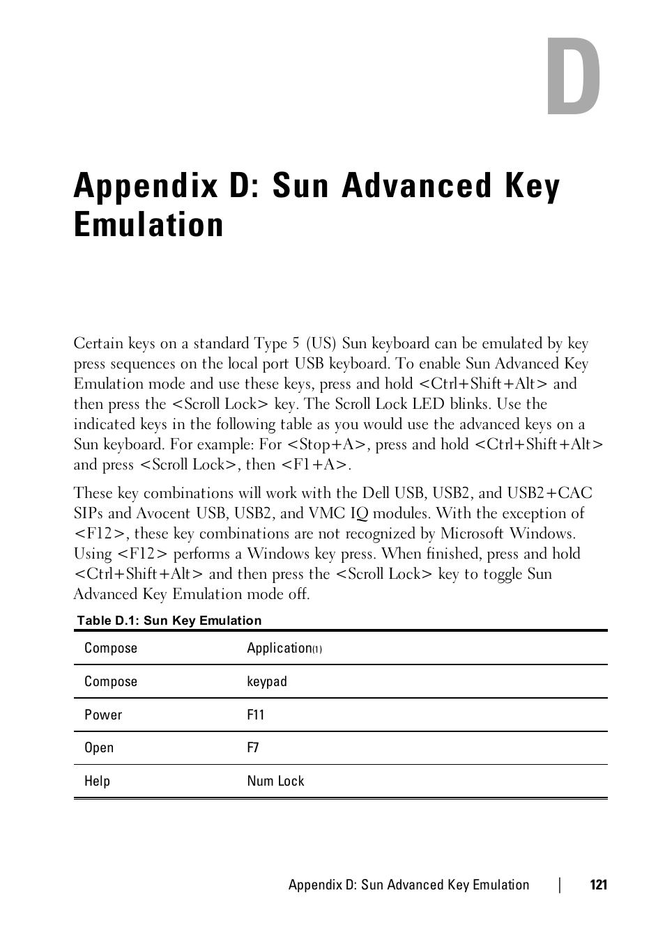 Appendix d: sun advanced key emulation | Dell KVM 1081AD/ KVM 2161AD User Manual | Page 129 / 140