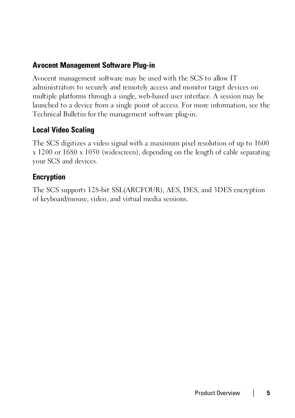 Avocent management software plug-in, Local video scaling, Encryption | Dell KVM 1081AD/ KVM 2161AD User Manual | Page 13 / 140