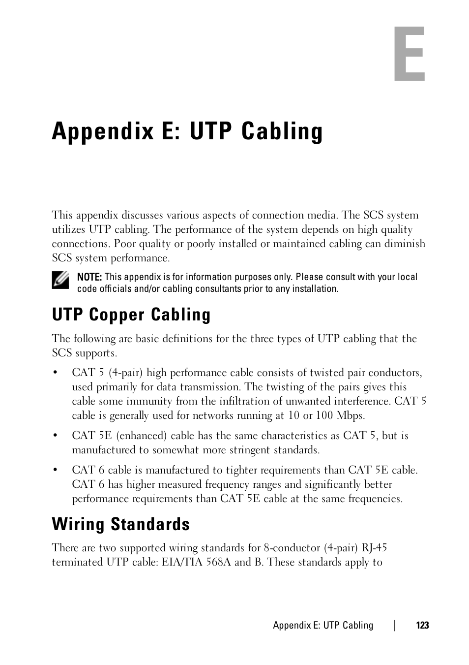 Appendix e: utp cabling, Utp copper cabling, Wiring standards | Dell KVM 1081AD/ KVM 2161AD User Manual | Page 131 / 140