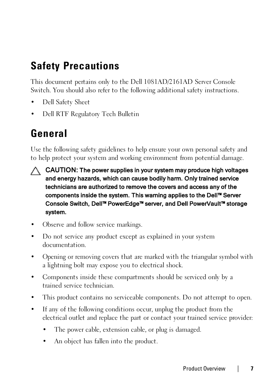 Safety precautions, General | Dell KVM 1081AD/ KVM 2161AD User Manual | Page 15 / 140